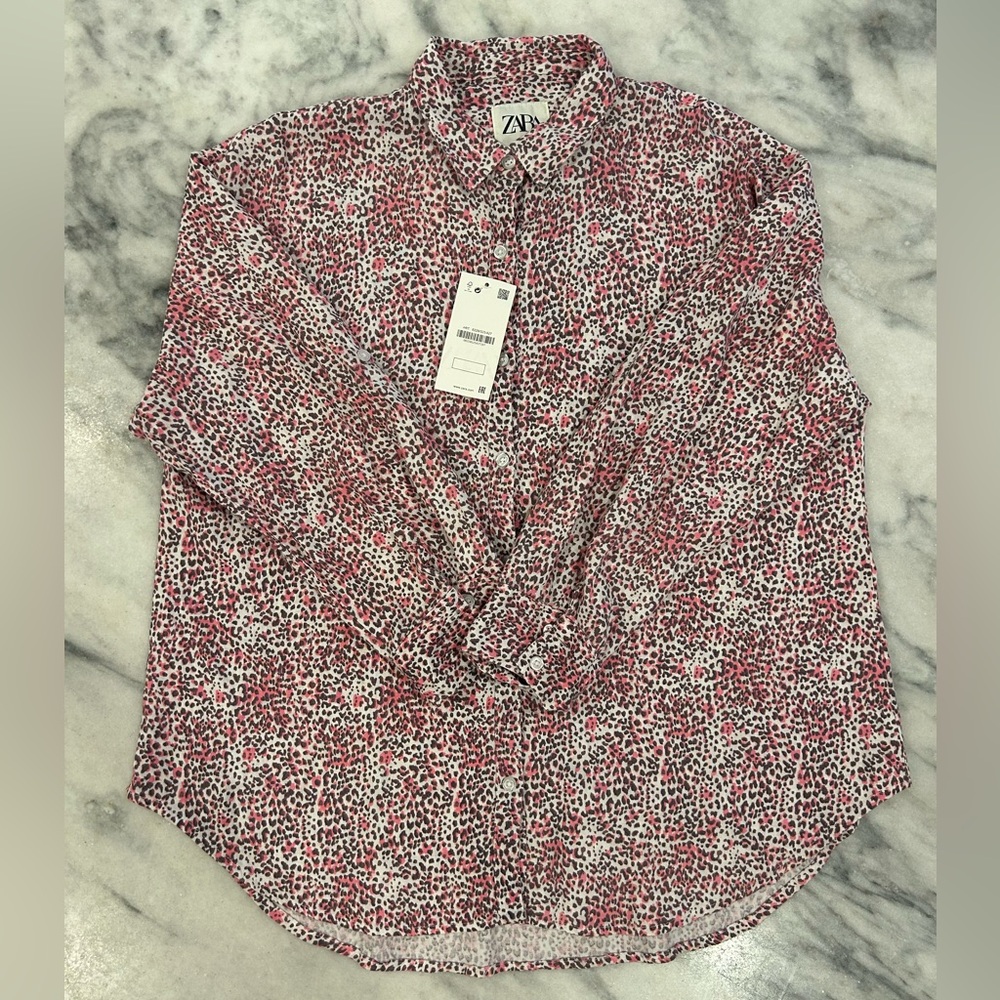 NWT Zara Pink & Brown Animal Leopard Cheetah Print L/S Casual Button Shirt XL